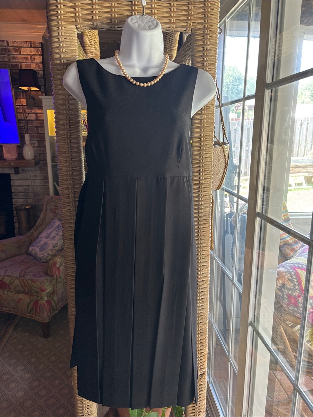 CAbi Black Sleeveless Pleated Midi Dress with Crew Neck